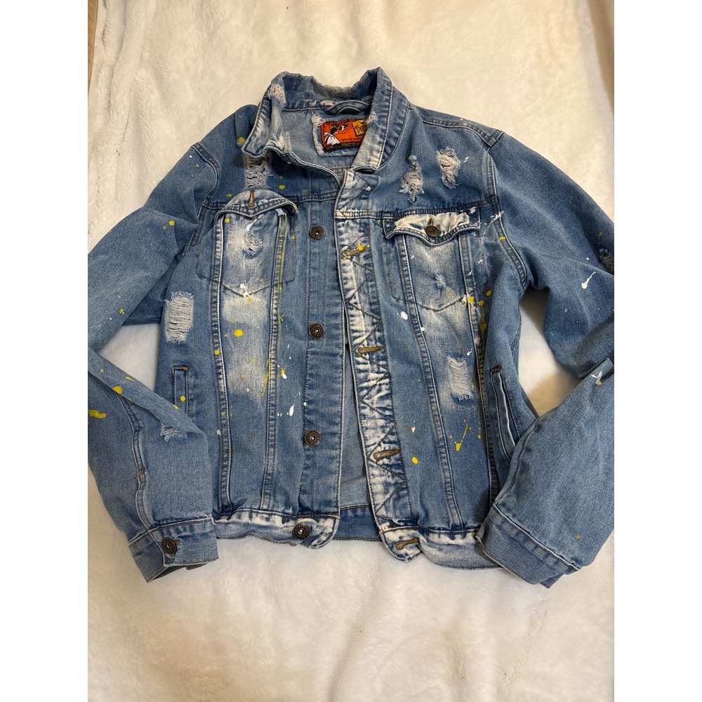Rolling Paper Distressed Denim Jacket Paint Splatter Blue Trucker Large Distress